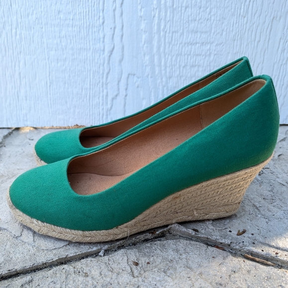 J. Crew Green Canvas Espadrille Wedge High Heels Shoes Size 9 - Picture 2 of 6
